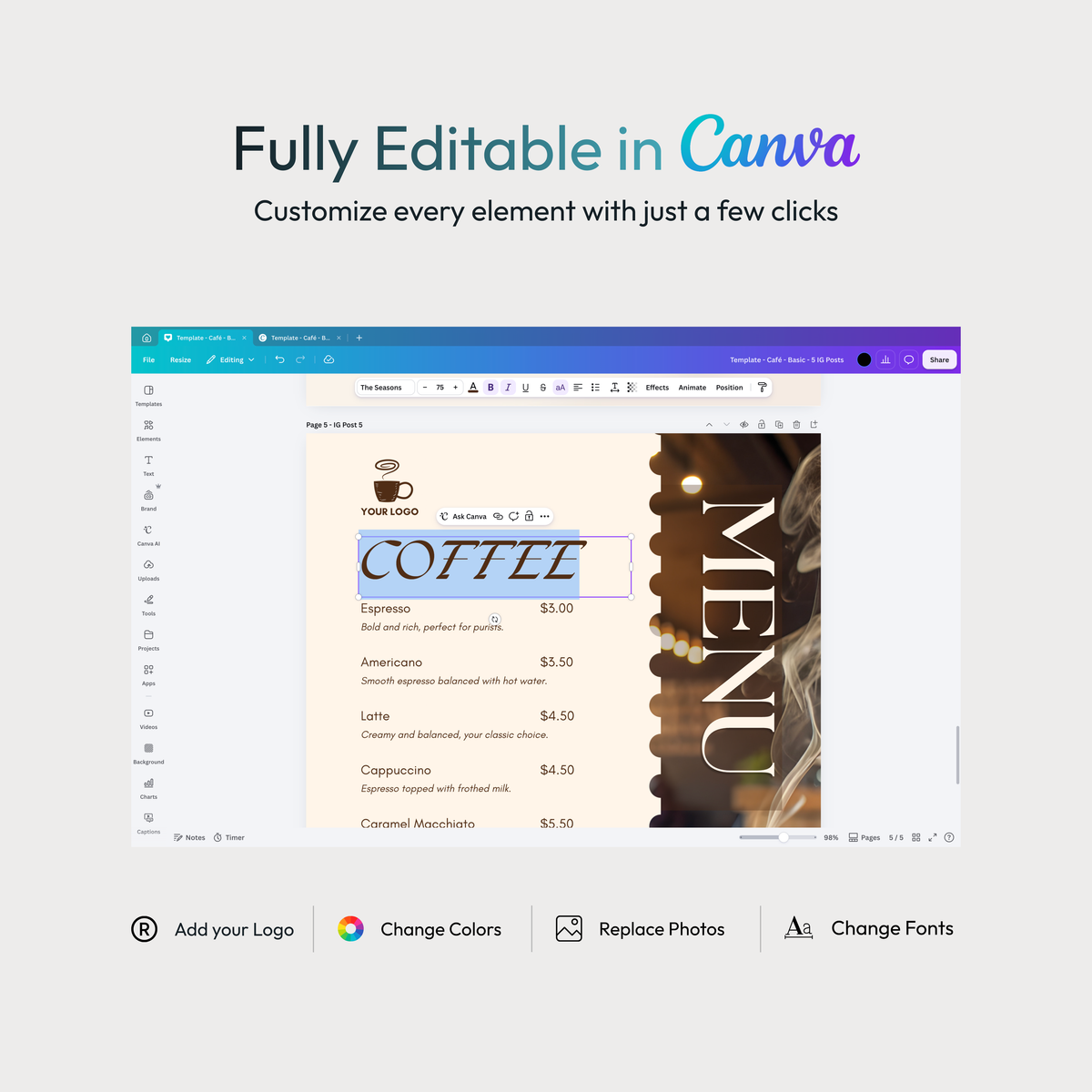 Café Social Media Canva Template Kit – Basic